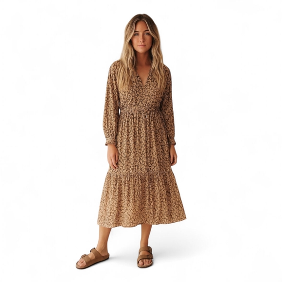 Rails Dresses & Skirts - RAILS Maple Dress Batik Cheetah Leopard Print Tiered Boho Midi Button Front XXS‎